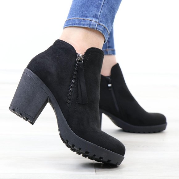 Shoes - Black Suede Lug Chunky Heel Ankle Boots
